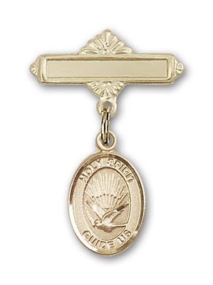 Pin Badge with Holy Spirit Charm and Polished Engravable Badge Pin - 14K Solid Gold