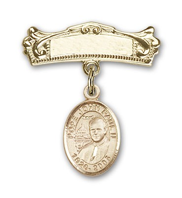Pin Badge with Pope John Paul II Charm and Arched Polished Engravable Badge Pin - Gold Tone