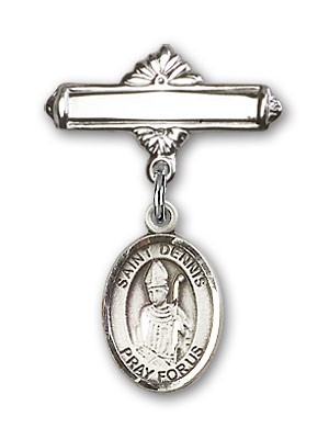 Pin Badge with St. Dennis Charm and Polished Engravable Badge Pin - Silver tone