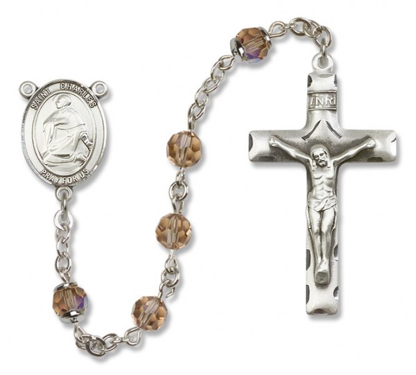 St. Charles Borromeo Sterling Silver Heirloom Rosary Squared Crucifix - Topaz