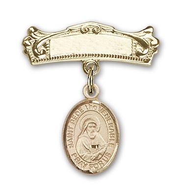 Pin Badge with St. Bede the Venerable Charm and Arched Polished Engravable Badge Pin - 14K Solid Gold
