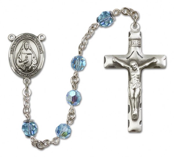 St. Theodora Guerin Sterling Silver Heirloom Rosary Squared Crucifix - Aqua