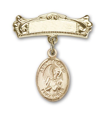 Pin Badge with St. Andrew the Apostle Charm and Arched Polished Engravable Badge Pin - Gold Tone