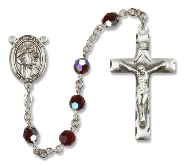 St. Ursula Sterling Silver Heirloom Rosary Squared Crucifix - Garnet