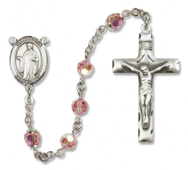 St. Justin Sterling Silver Heirloom Rosary Squared Crucifix - Light Rose