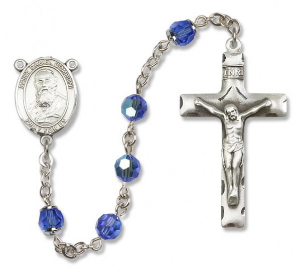 St. Daniel Comboni Sterling Silver Heirloom Rosary Squared Crucifix - Sapphire