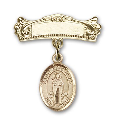 Pin Badge with St. Barnabas Charm and Arched Polished Engravable Badge Pin - Gold Tone