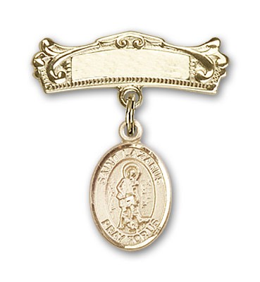 Pin Badge with St. Lazarus Charm and Arched Polished Engravable Badge Pin - 14K Solid Gold