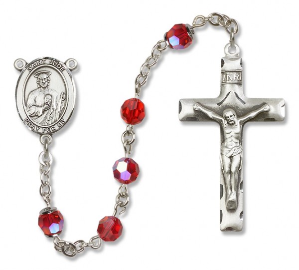 St. Jude Thaddeus Sterling Silver Heirloom Rosary Squared Crucifix - Ruby Red