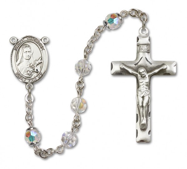 St. Therese of Lisieux Sterling Silver Heirloom Rosary Squared Crucifix - Crystal