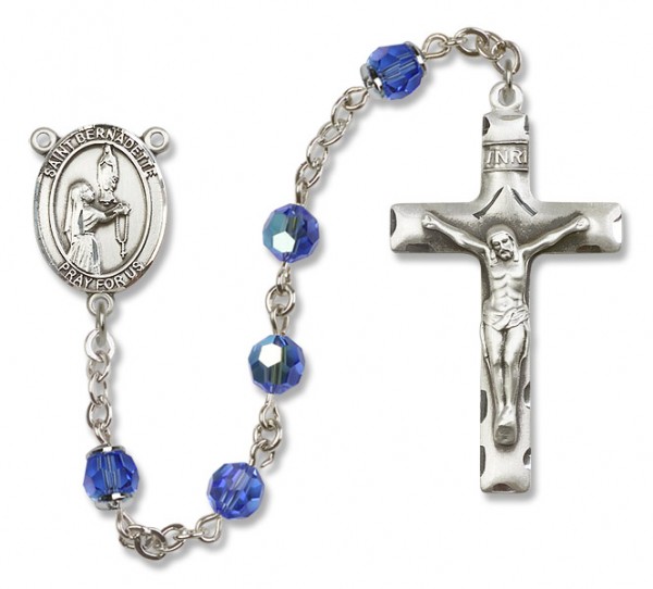 St. Bernadette Sterling Silver Heirloom Rosary Squared Crucifix - Sapphire
