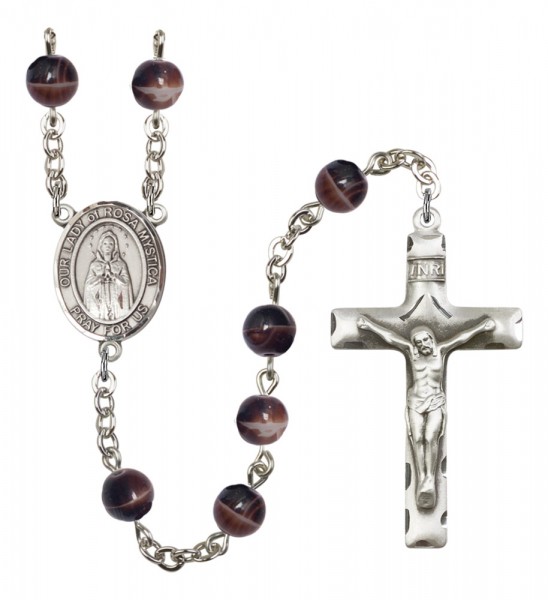 Men's Our Lady of Rosa Mystica Silver Plated Rosary - Brown