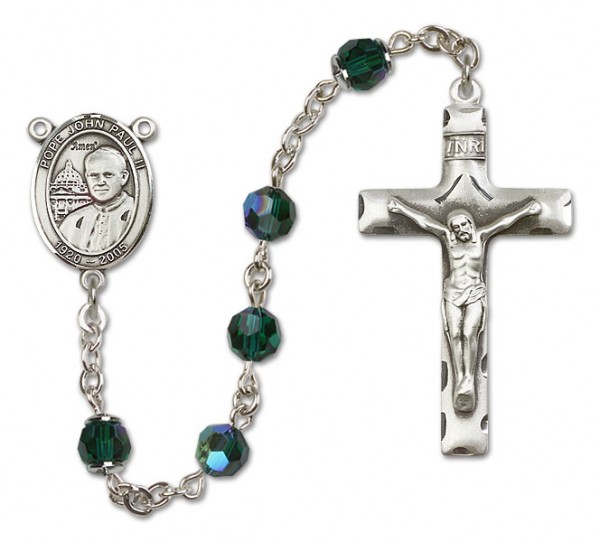 Pope John Paul II Sterling Silver Heirloom Rosary Squared Crucifix - Emerald Green