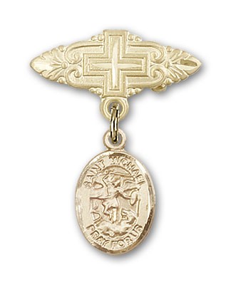 Pin Badge with St. Michael the Archangel Charm and Badge Pin with Cross - Gold Tone
