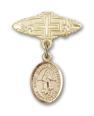 Pin Badge with St. Isidore the Farmer Charm and Badge Pin with Cross - Gold Tone