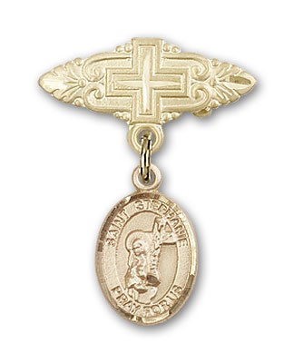 Pin Badge with St. Stephanie Charm and Badge Pin with Cross - Gold Tone