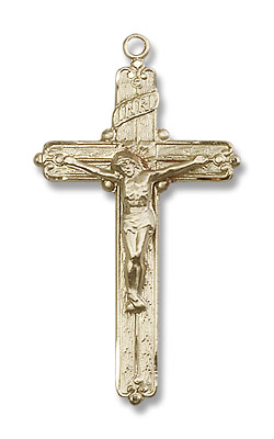 Woodgrain Sterling Silver Crucifix Medal - 14K Solid Gold