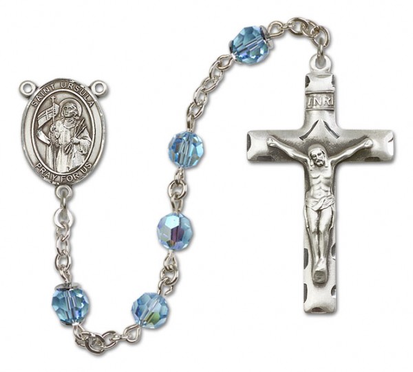 St. Ursula Sterling Silver Heirloom Rosary Squared Crucifix - Aqua