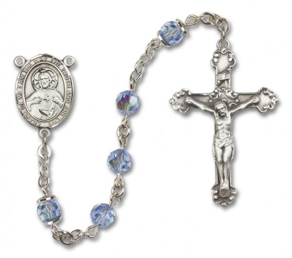 Scapular Sterling Silver Heirloom Rosary Fancy Crucifix - Light Sapphire
