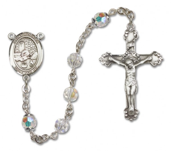 St. Rosalia Sterling Silver Heirloom Rosary Fancy Crucifix - Crystal