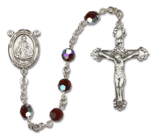 Infant of Prague Sterling Silver Heirloom Rosary Fancy Crucifix - Garnet