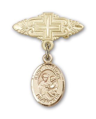 Pin Badge with St. Anthony of Padua Charm and Badge Pin with Cross - 14K Solid Gold