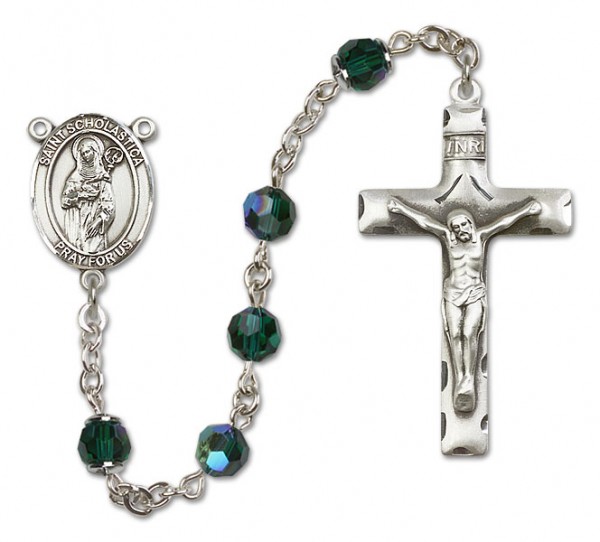 St. Scholastica Sterling Silver Heirloom Rosary Squared Crucifix - Emerald Green