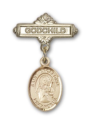 Pin Badge with St. Apollonia Charm and Godchild Badge Pin - 14K Solid Gold