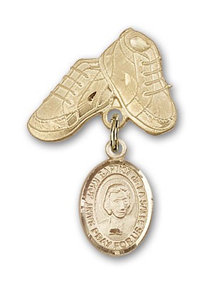 Pin Badge with St. John Baptist de la Salle Charm and Baby Boots Pin - 14K Solid Gold
