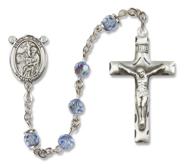 St. Jerome Sterling Silver Heirloom Rosary Squared Crucifix - Light Sapphire
