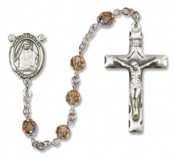 St. Edith Stein Sterling Silver Heirloom Rosary Squared Crucifix - Topaz