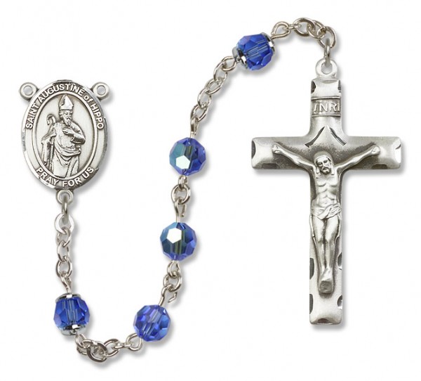St. Augustine of Hippo Sterling Silver Heirloom Rosary Squared Crucifix - Sapphire