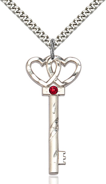 Larger Double Hearts Key Pendant with Birthstone - Ruby Red