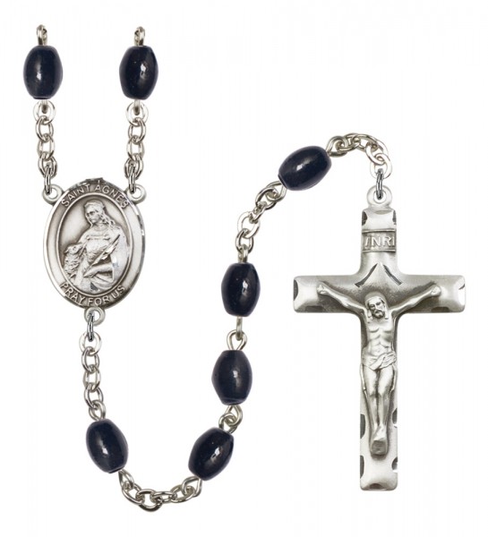 Men's St. Agnes of Rome Silver Plated Rosary - Black Oval