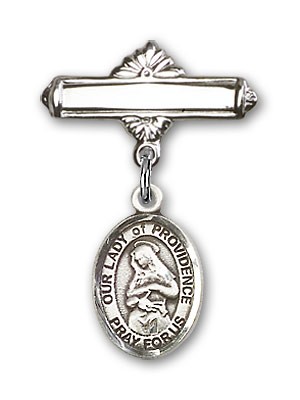 Pin Badge with Our Lady of Providence Charm and Polished Engravable Badge Pin - Silver tone
