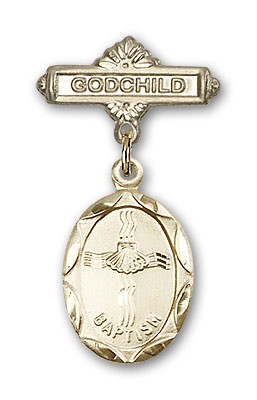 Baby Pin with Baptism Charm and Godchild Badge Pin - 14K Solid Gold