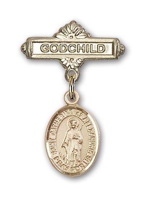 Pin Badge with St. Catherine of Alexandria Charm and Godchild Badge Pin - 14K Solid Gold
