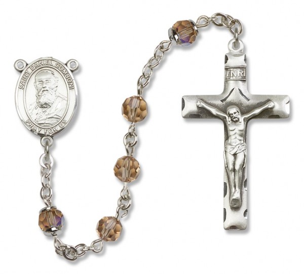 St. Daniel Comboni Sterling Silver Heirloom Rosary Squared Crucifix - Topaz