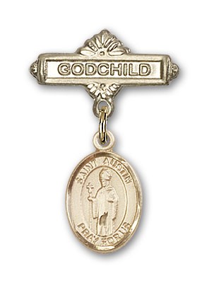 Pin Badge with St. Austin Charm and Godchild Badge Pin - 14K Solid Gold