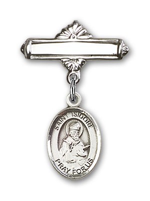 Pin Badge with St. Isidore of Seville Charm and Polished Engravable Badge Pin - Silver tone