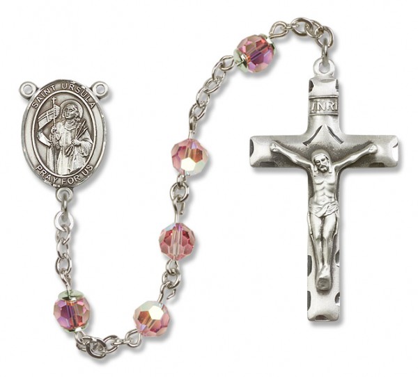 St. Ursula Sterling Silver Heirloom Rosary Squared Crucifix - Light Rose