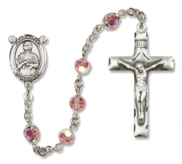 St. Kateri Sterling Silver Heirloom Rosary Squared Crucifix - Light Rose