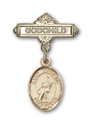 Pin Badge with St. Tarcisius Charm and Godchild Badge Pin - 14K Solid Gold