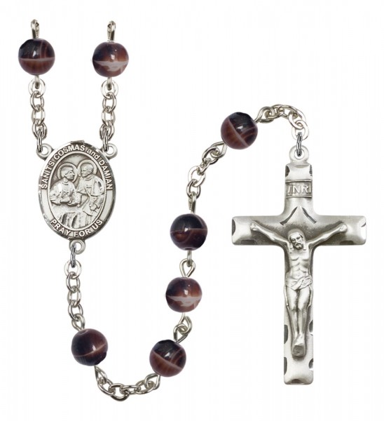 Men's Sts. Cosmas &amp; Damian Silver Plated Rosary - Brown