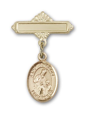 Pin Badge with St. Ambrose Charm and Polished Engravable Badge Pin - Gold Tone