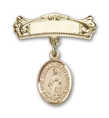 Pin Badge with St. Catherine of Alexandria Charm and Arched Polished Engravable Badge Pin - 14K Solid Gold