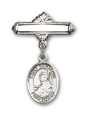 Pin Badge with St. Benjamin Charm and Polished Engravable Badge Pin - Silver tone