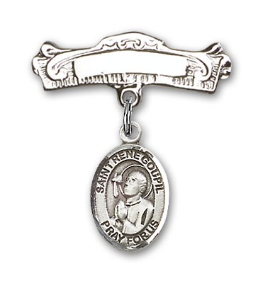 Pin Badge with St. Rene Goupil Charm and Arched Polished Engravable Badge Pin - Silver tone