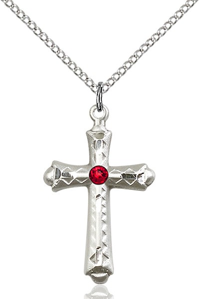 Matte Cross Pendant with Diamond Etching Birthstone Options - Ruby Red