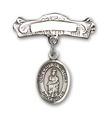 Pin Badge with Our Lady of Victory Charm and Arched Polished Engravable Badge Pin - Silver tone
